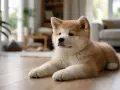 Szczenię rasy Akita Inu leży na drewnianej podłodze w przytulnym wnętrzu.