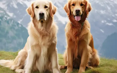 Dwa golden retrievery siedzące na trawie na tle gór.