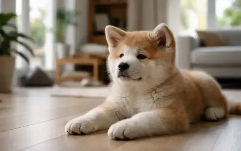 Szczenię rasy Akita Inu leży na drewnianej podłodze w przytulnym wnętrzu.