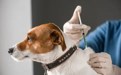 Weterynarz w rękawiczkach podaje zastrzyk małemu psu rasy Jack Russell Terrier.