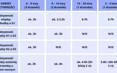 Tabela z okresami aktywności szczeniąt w zależności od wieku i liczby drzemek.