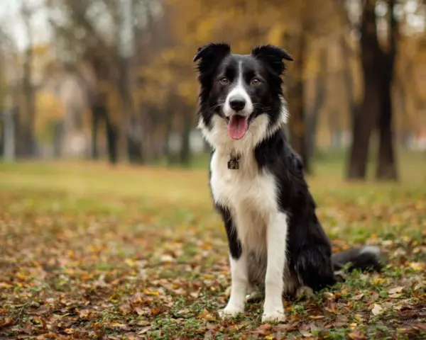 Czarno-biały border collie siedzi na tle jesiennego parku, z językiem na wierzchu.