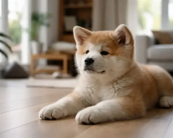 Szczenię rasy Akita Inu leży na drewnianej podłodze w przytulnym wnętrzu.