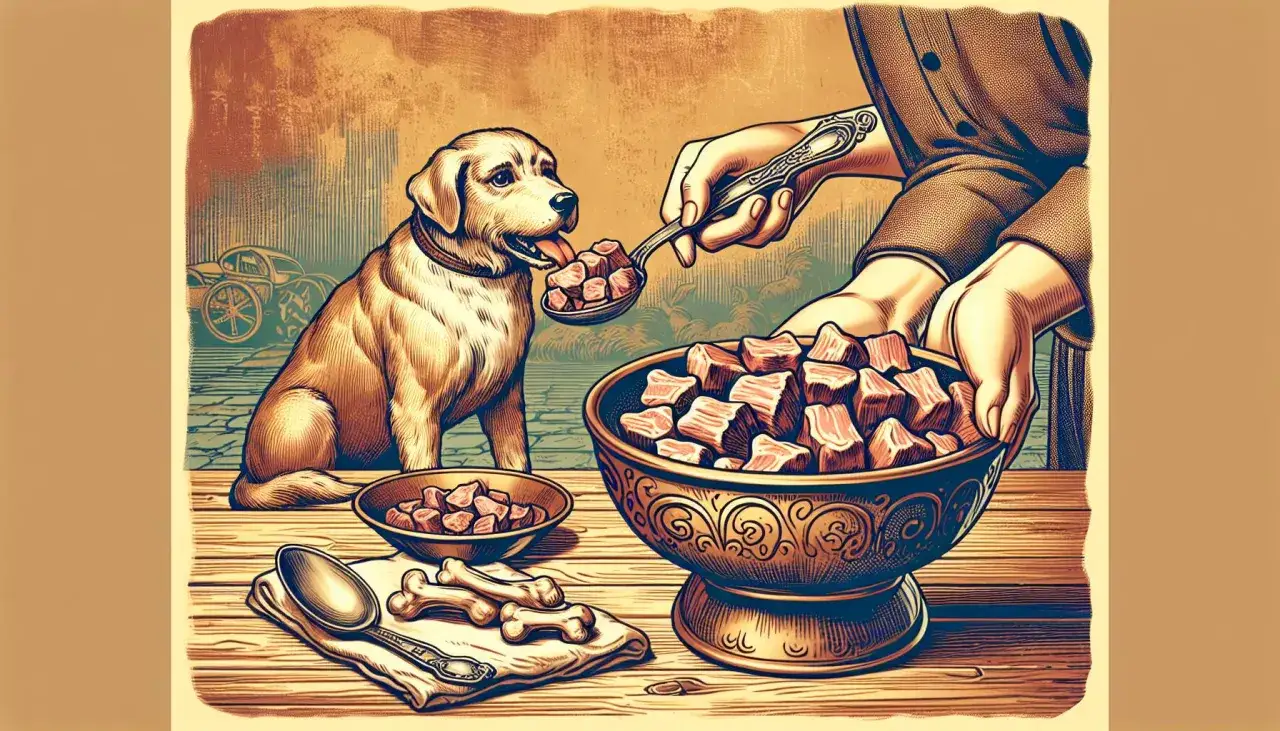 Czy pies może jeść mięso z rosołu? Złoty retriever z radością przyjmuje porcję mięsa z łyżki, obok miska pełna kostek.